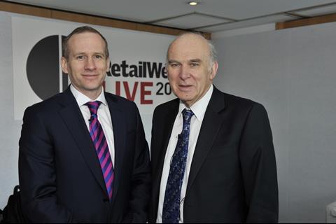 Retail Week editor in chief Chris Brook-Carter with Business secretary Vince Cable, Retail Week Live 2013